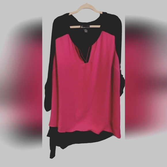Lane Bryant Tops - LANE Bryant Blouse with Asymetrical Hemline Magenta Black 26/28W NWOT